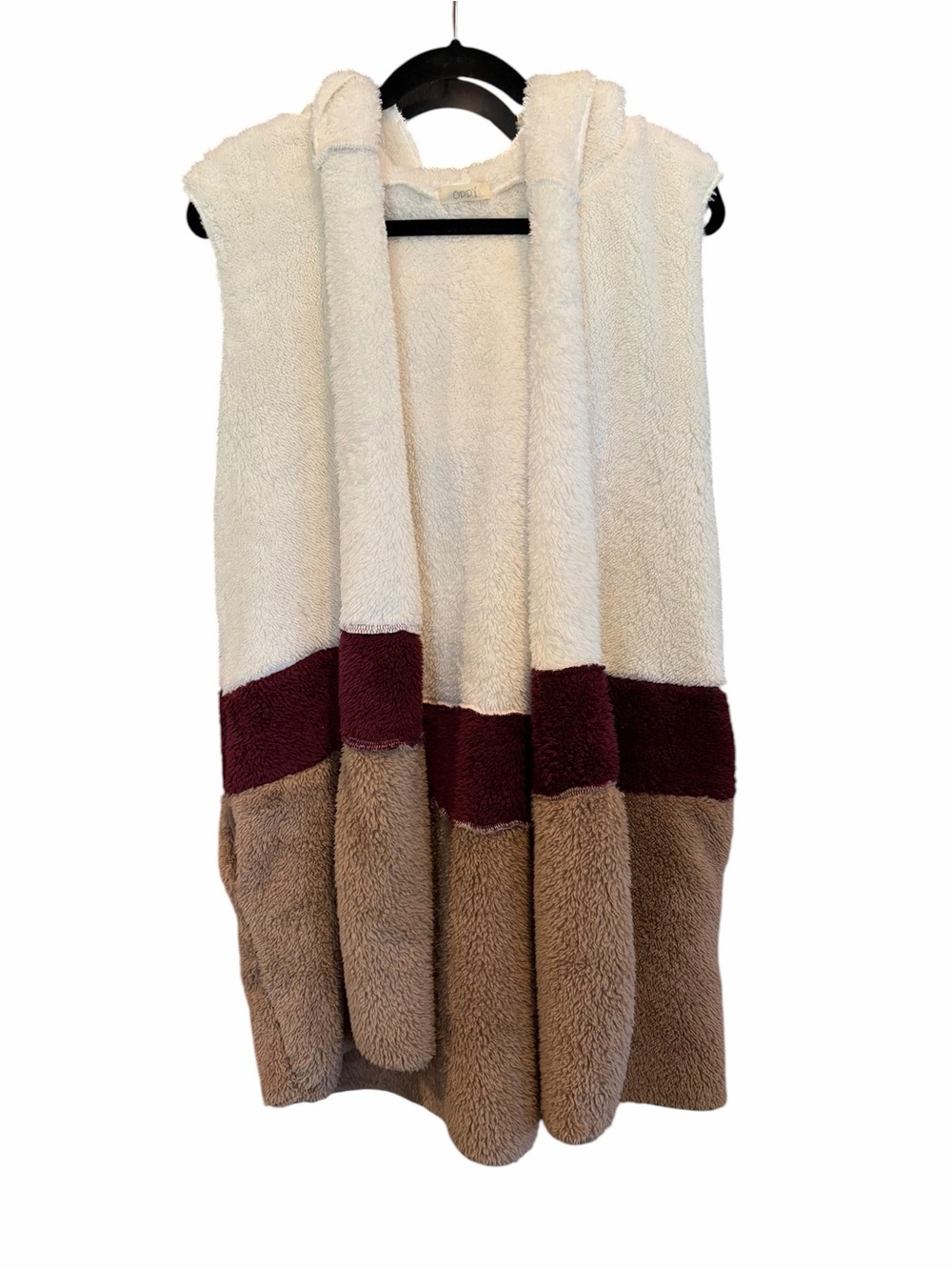 ODDY Long Hooded Soft Sherpa Vest in Cream, Burgundy & Brown